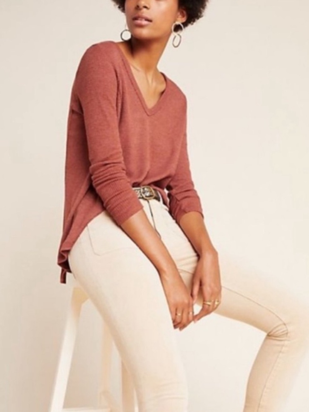 Anthropologie t.la Waffle Ribbed Knit Long Sleeve V-Neck Knit Top Rust Red M